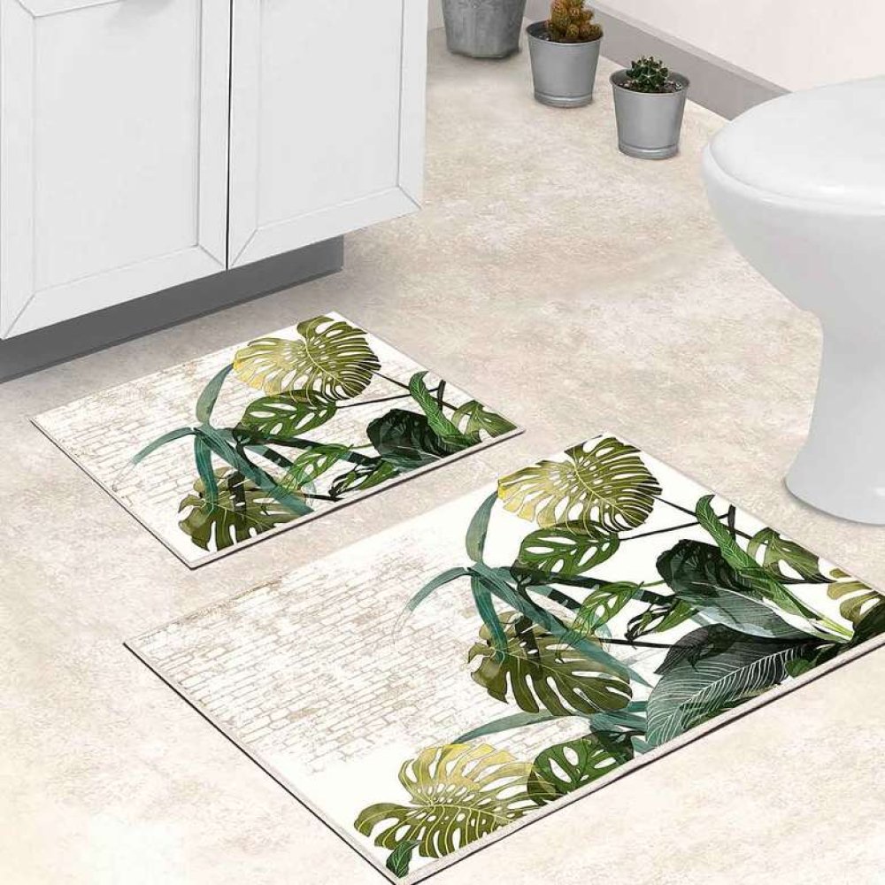 Digital Printed Non-Slip 2-Set Bathroom Toilet Set Green Cream